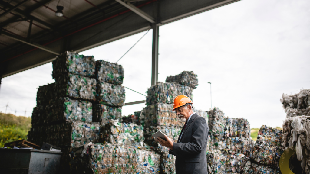 Homem de capacete de segurança laranja e terno, segurando um tablet em frente a fardos de materiais recicláveis prensados em um galpão