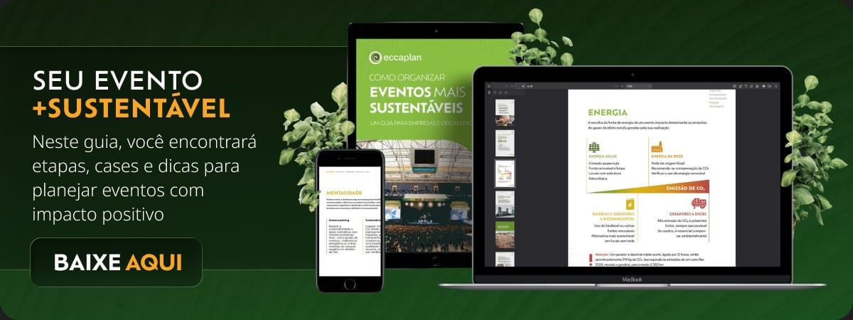 Banner do guia Seu evento + sustentável, com etapas, cases e dicas de gestão de resíduos em eventos